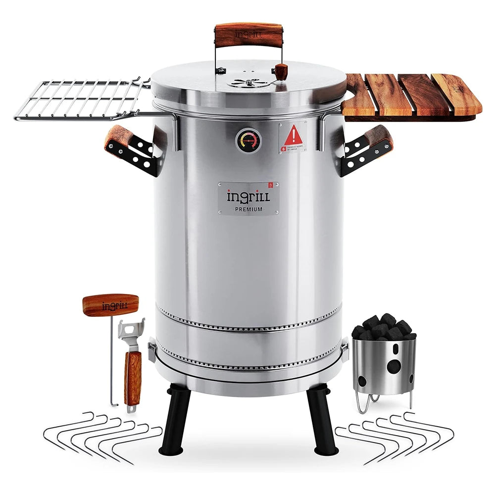 INGRILL 3-in-1 Premium Stainless Steel Smoker Barrel Grill – Portable Charcoal BBQ with Thermometer, 25 lbs, Perfect for Camping, Backyard & Home BBQ - Medium Size -