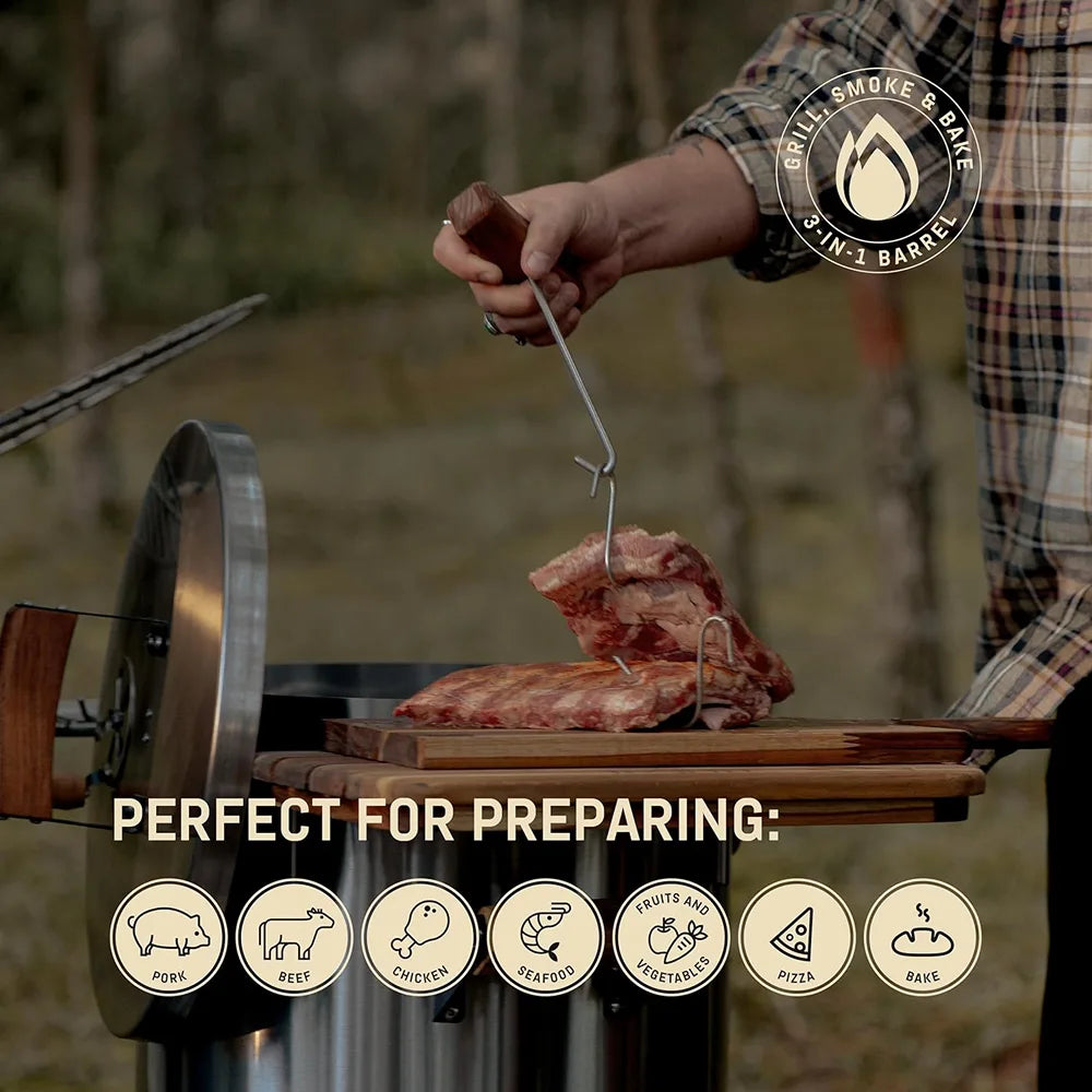 INGRILL 3-in-1 Premium Stainless Steel Smoker Barrel Grill – Portable Charcoal BBQ with Thermometer, 25 lbs, Perfect for Camping, Backyard & Home BBQ - Medium Size -
