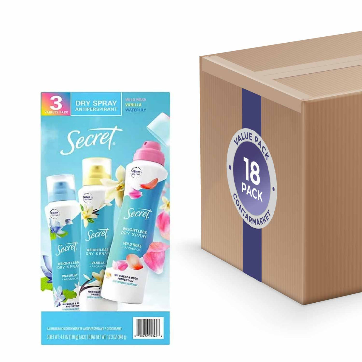 Secret - Dry Spray Women's Antiperspirant Deodorant, Vanilla, Wild Rose & Waterlily - 4.1oz, 3ct - 18 Pack