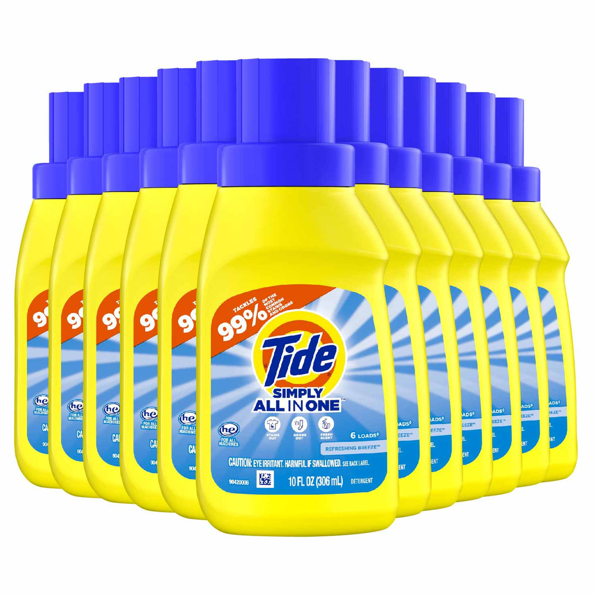 Multiple bottles of Tide laundry detergent with blue caps on a white background