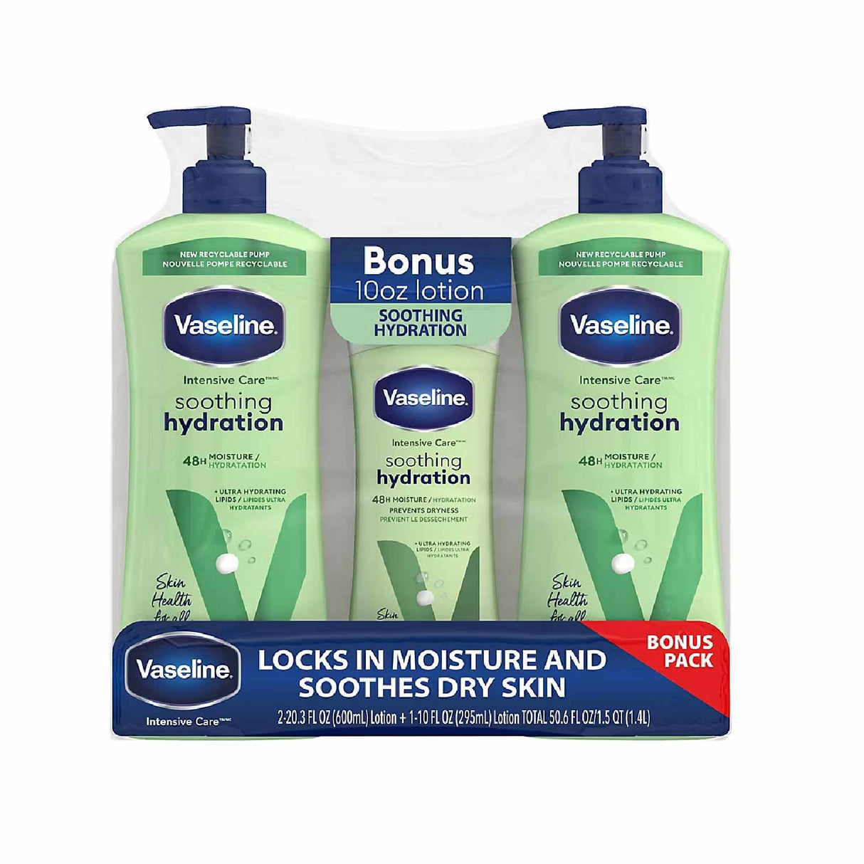Vaseline Intensive Care Body Lotion Soothing Hydration, 2pk/20.3oz + Bonus Bottle 10oz