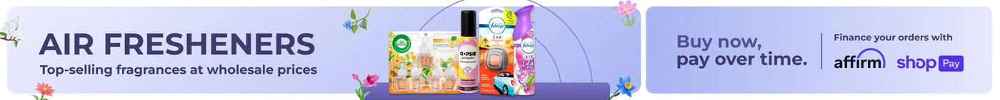 Advertisement for air fresheners with a purple banner and product images.