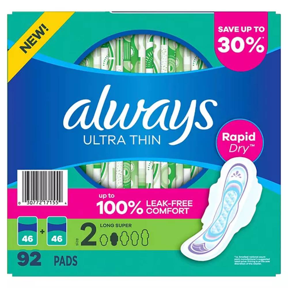 Always - Ultra Thin Long Super Pads with Wings, Size 2 - 92 Ct Each