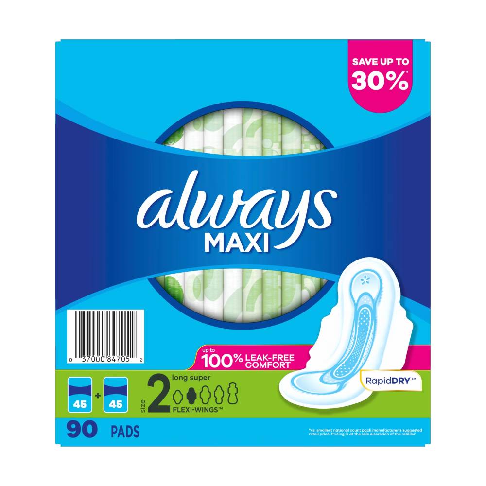 Always - Long and Super Maxi Pads with Flexi-Wings Multipack - 90 Count Each