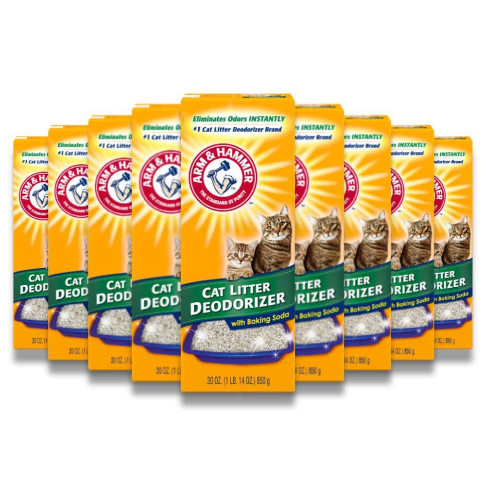 Multiple boxes of Arm & Hammer cat litter deodorizer on a white background