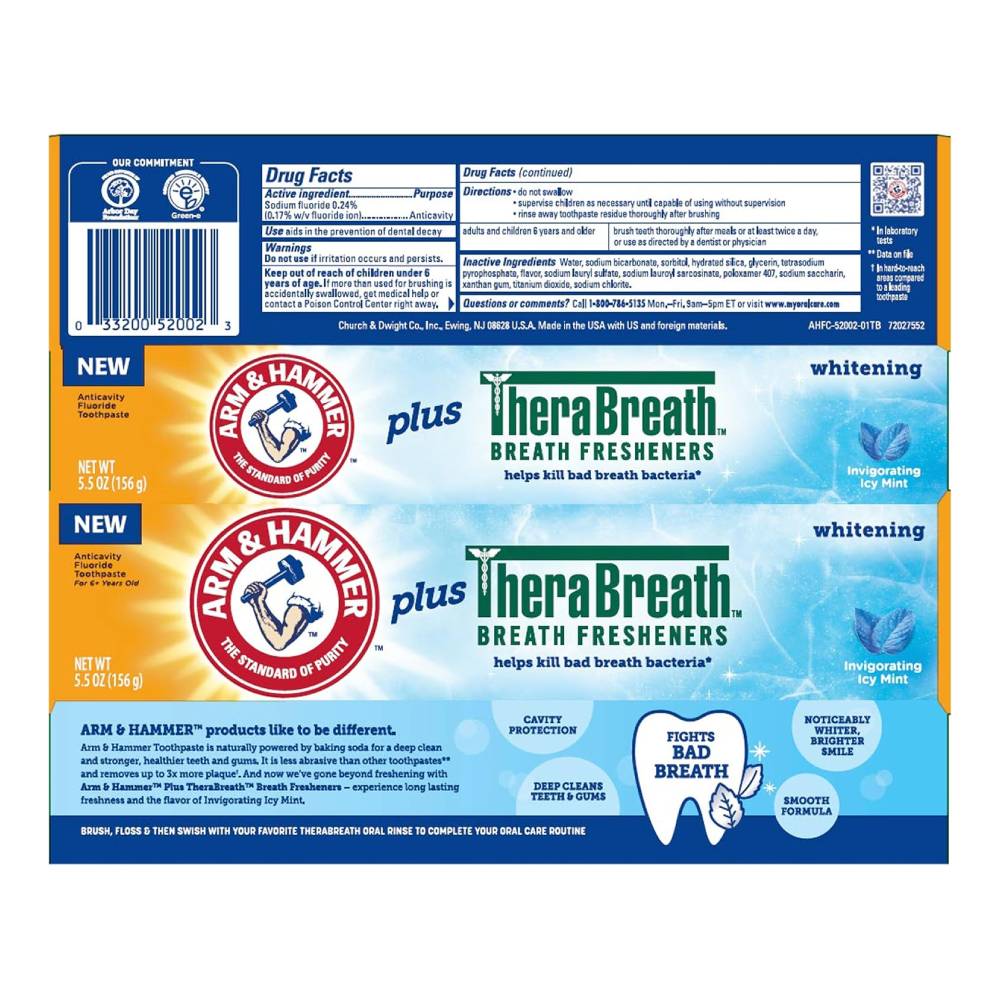 Arm & Hammer - Toothpaste Plus Thera Breath, ICY Mint - 0.9 Oz  - 72  Pack