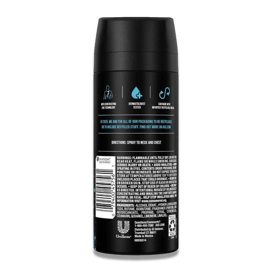 Axe - Body Spray Deodorant 4 oz Ice Chill, Frozen Lemon & Eucalyptus - 12 Pack