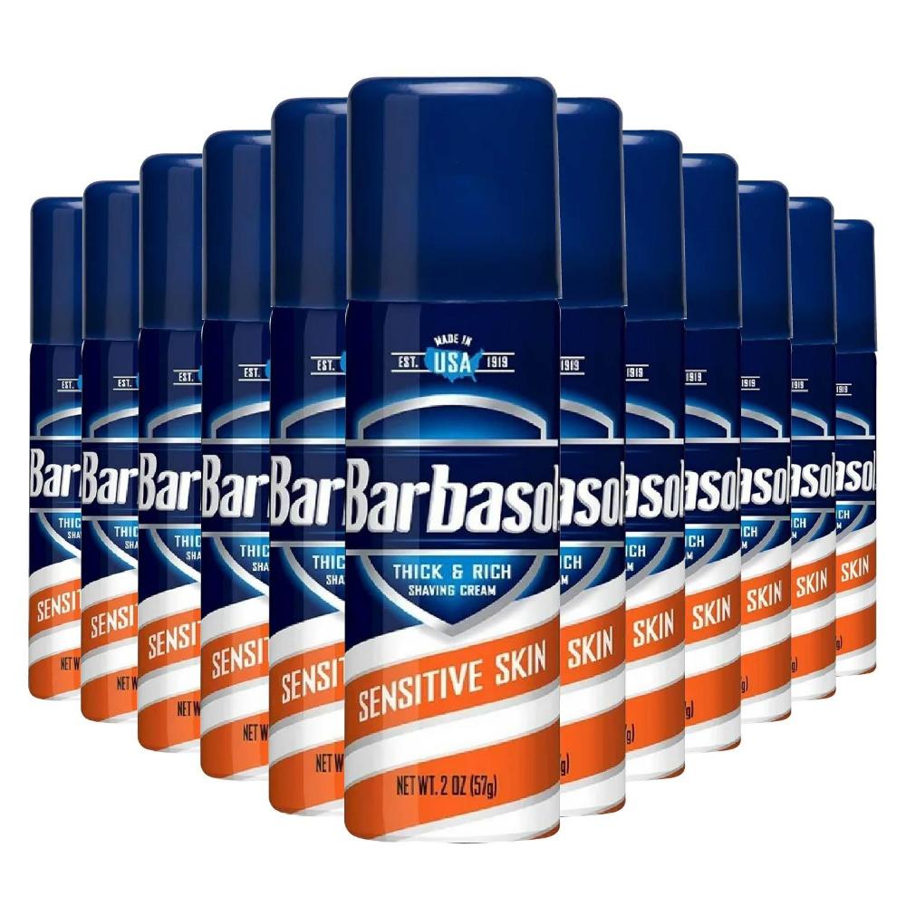 A bulk pack of Barbasol Thick & Rich Shaving Cream cans labeled for sensitive skin. Each can is 2 oz and the pack contains 24 cans.