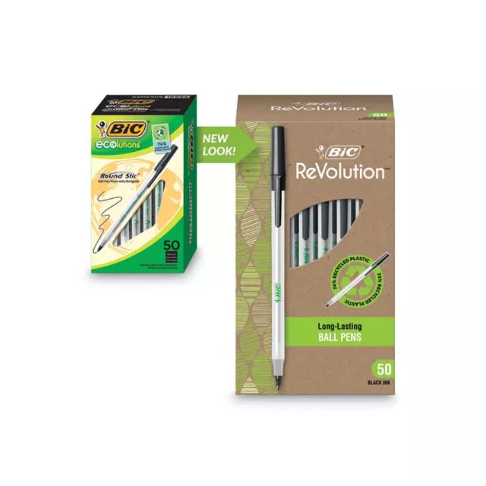 BIC Ecolutions Round Stic Ballpoint Pen, Medium Point (1mm), Black Ink - Box of 50