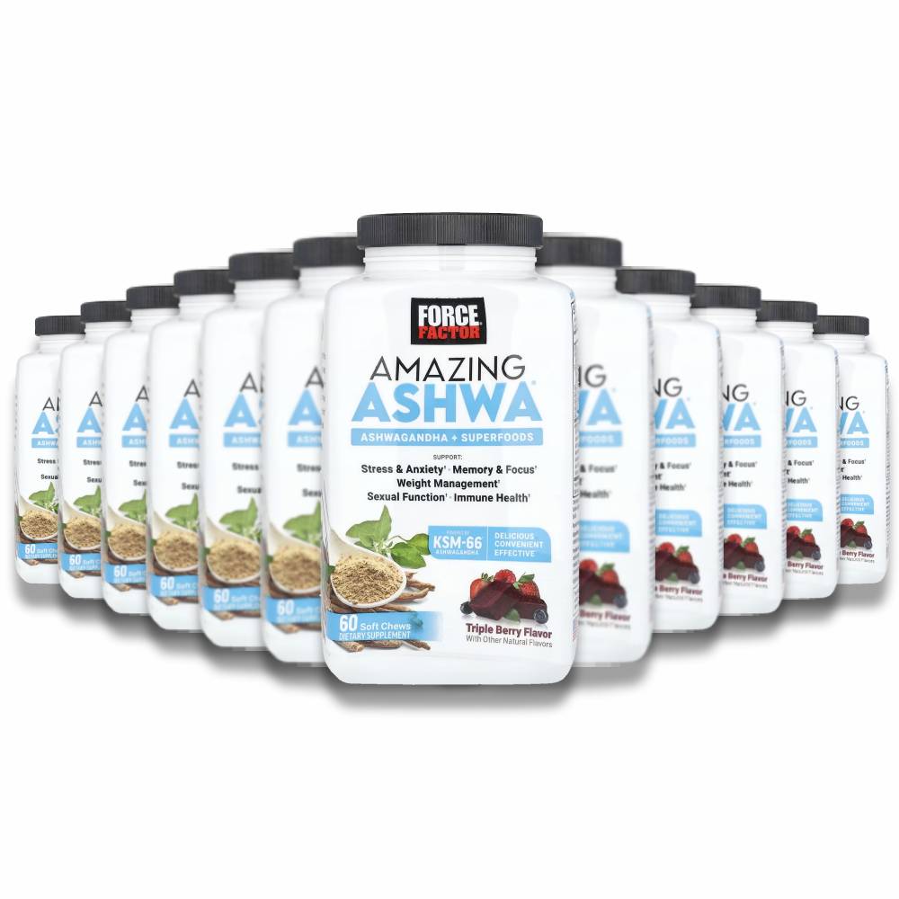 Force Factor - Amazing Ashwa, Triple Berry, Ashwaganda Supplement, Bottle - 60 Soft Tablets - 12 Pack