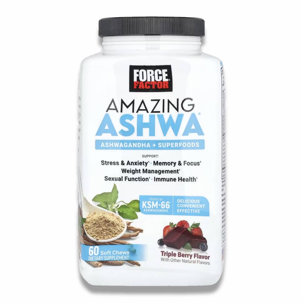 Force Factor - Amazing Ashwa, Triple Berry, Ashwaganda Supplement, Bottle - 60 Soft Tablets - 12 Pack