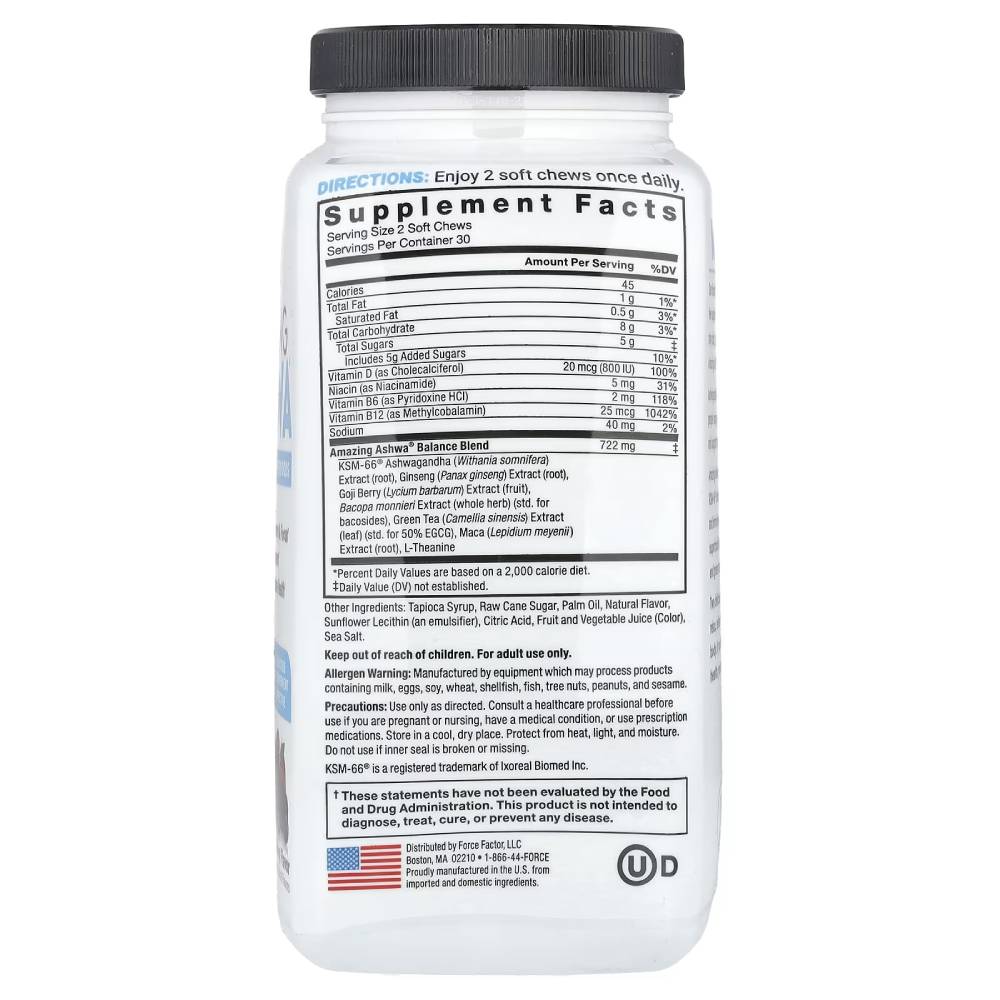 Force Factor - Amazing Ashwa, Triple Berry, Ashwaganda Supplement, Bottle - 60 Soft Tablets - 12 Pack