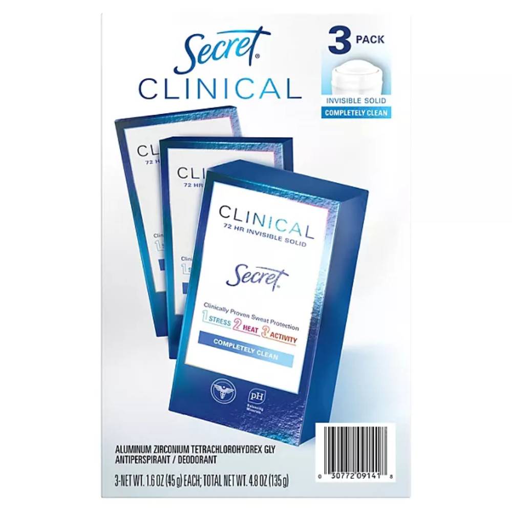 Secret - Clinical Invisible Solid Antiperspirant and Deodorant, Completely Clean - 1.6 Oz - 3 Pack