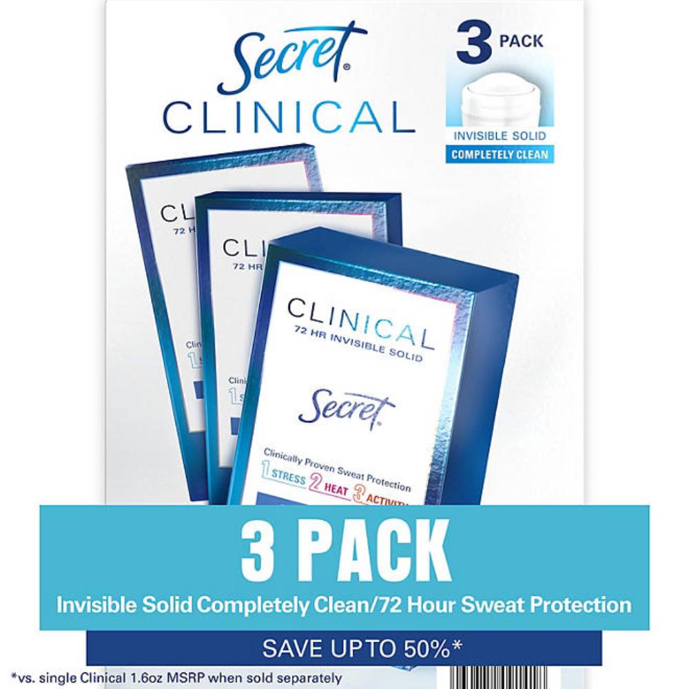 Secret - Clinical Invisible Solid Antiperspirant and Deodorant, Completely Clean - 1.6 Oz - 3 Pack