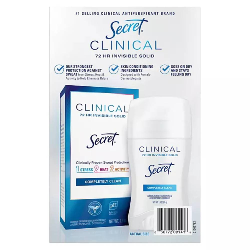 Secret - Clinical Invisible Solid Antiperspirant and Deodorant, Completely Clean - 1.6 Oz - 3 Pack