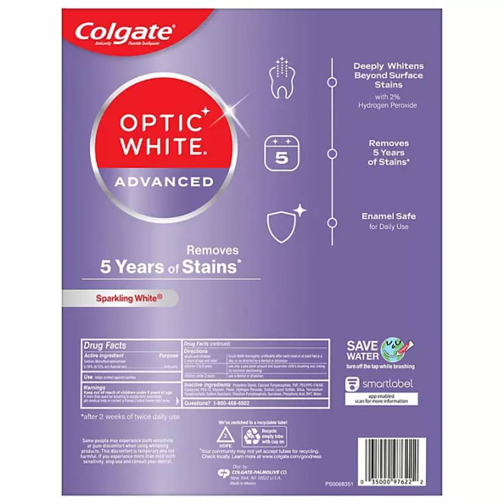 Colgate - Optic White Advanced Teeth Whitening Toothpaste, Sparkling White - 4.2 Oz - 5 Pack