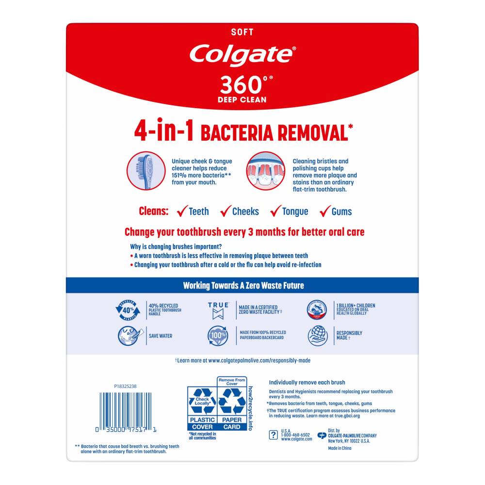 Colgate - 360 Whole Mouth Clean Manual Toothbrush, Adult Soft Toothbrushes - 8 Pack