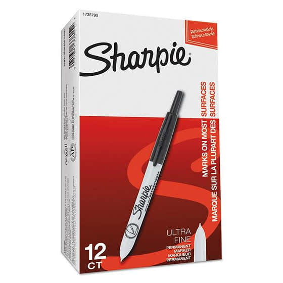 Sharpie Retractable Permanent Marker, Extra-fine Needle Tip, Black - 12 ct | Sharpie - Office Supplies Pack