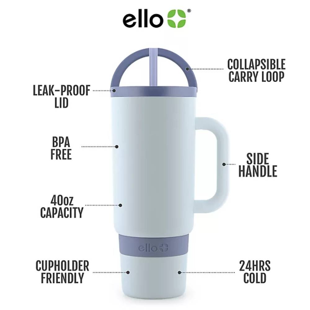 Ello - Port Stainless Steel Tumbler with Handle, Light Wash and Orange - 40 Oz - 2 Pack