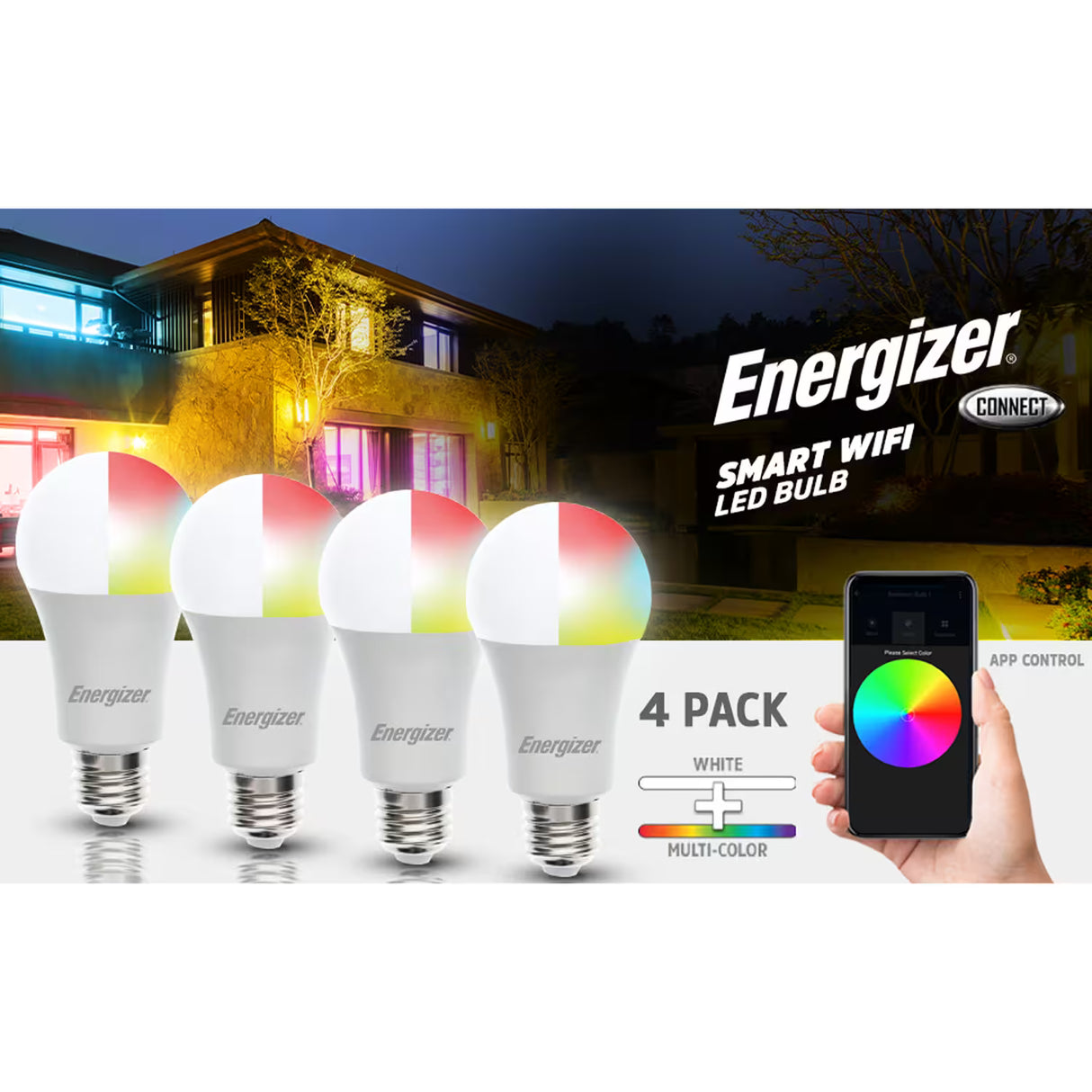 Energizer Connect Smart Wi-Fi LED Bulbs, 800 Lumens, Multi-Color + White Settings – 4 Pack