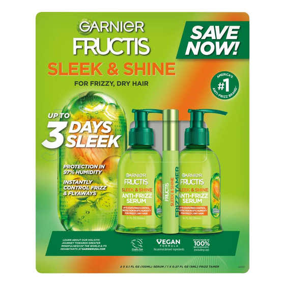 Garnier Fructis - Sleek & Shine Kit, Anti-Frizz Serum, 2 Pack/5.1 fl oz + Frizz Tamer 0.28 fl oz | Garnier - Hair Care...