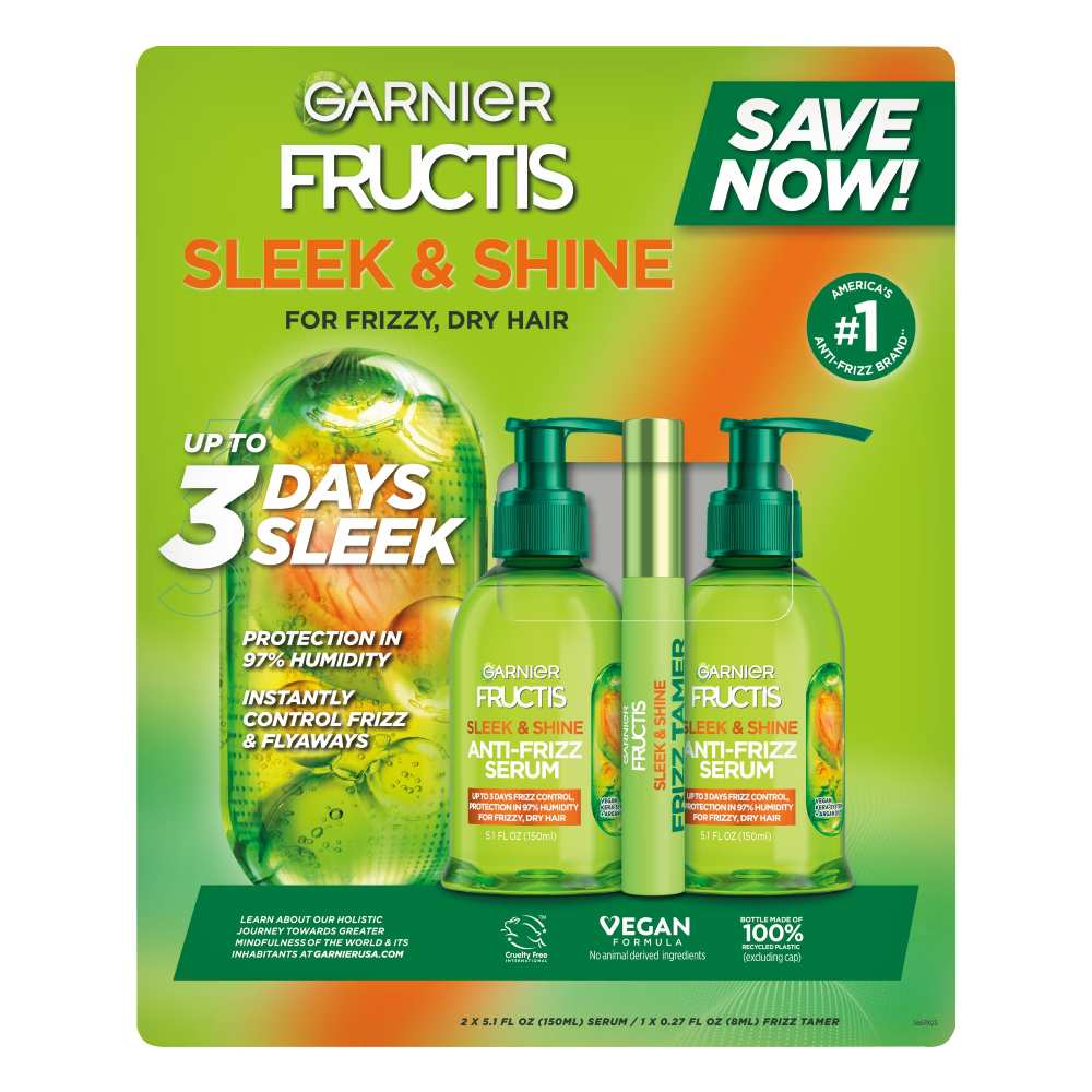 Garnier Fructis - Sleek & Shine Kit, Anti-Frizz Serum, 2 Pack/5.1 fl oz + Frizz Tamer 0.28 fl oz