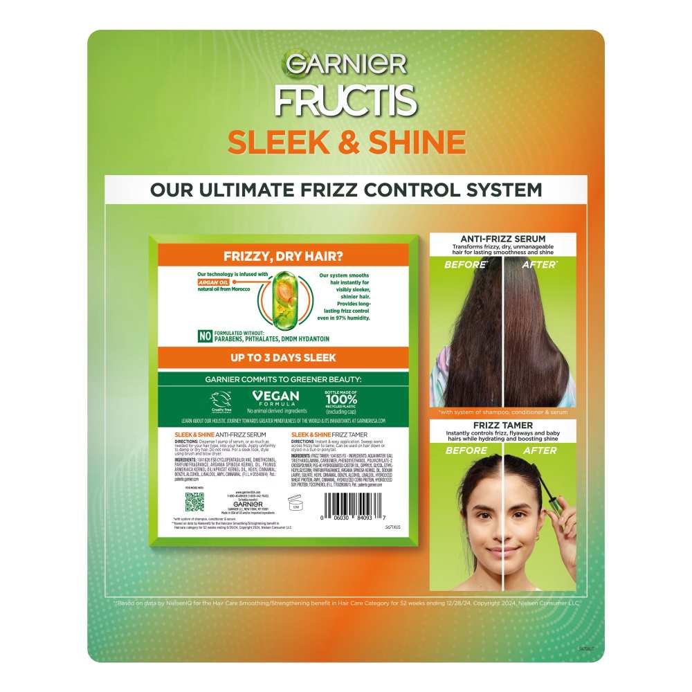 Garnier Fructis - Sleek & Shine Kit, Anti-Frizz Serum, 2 Pack/5.1 fl oz + Frizz Tamer 0.28 fl oz