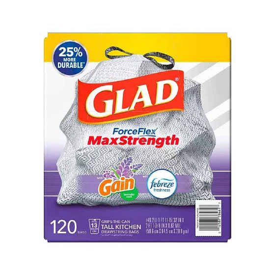 Glad ForceFlex Plus Tall Kitchen 13 Gallon Drawstring White Trash Bags, Mediterranean Lavender - 120 Ct | Glad - Paper Pro...