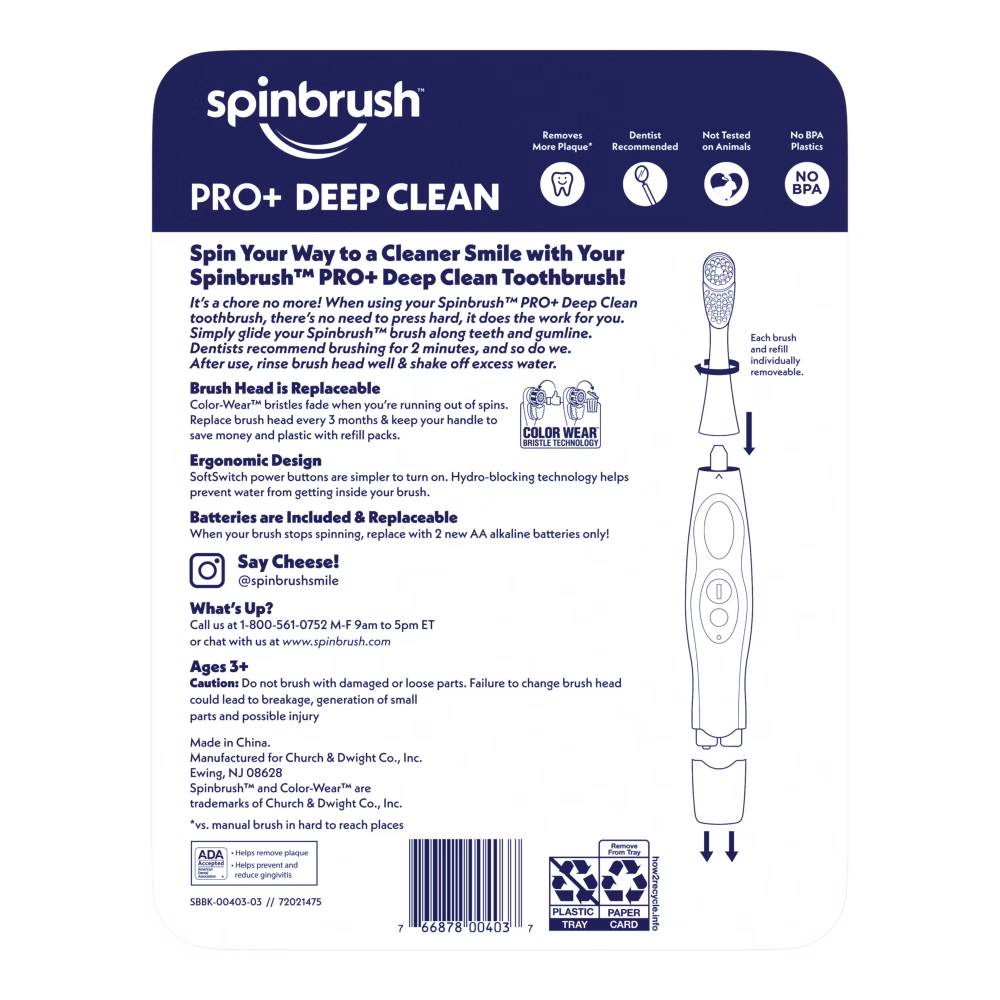 Spinbrush PRO + Deep Clean Soft Battery Powered Toothbrush, 2 Brushes and 4 Refill Heads