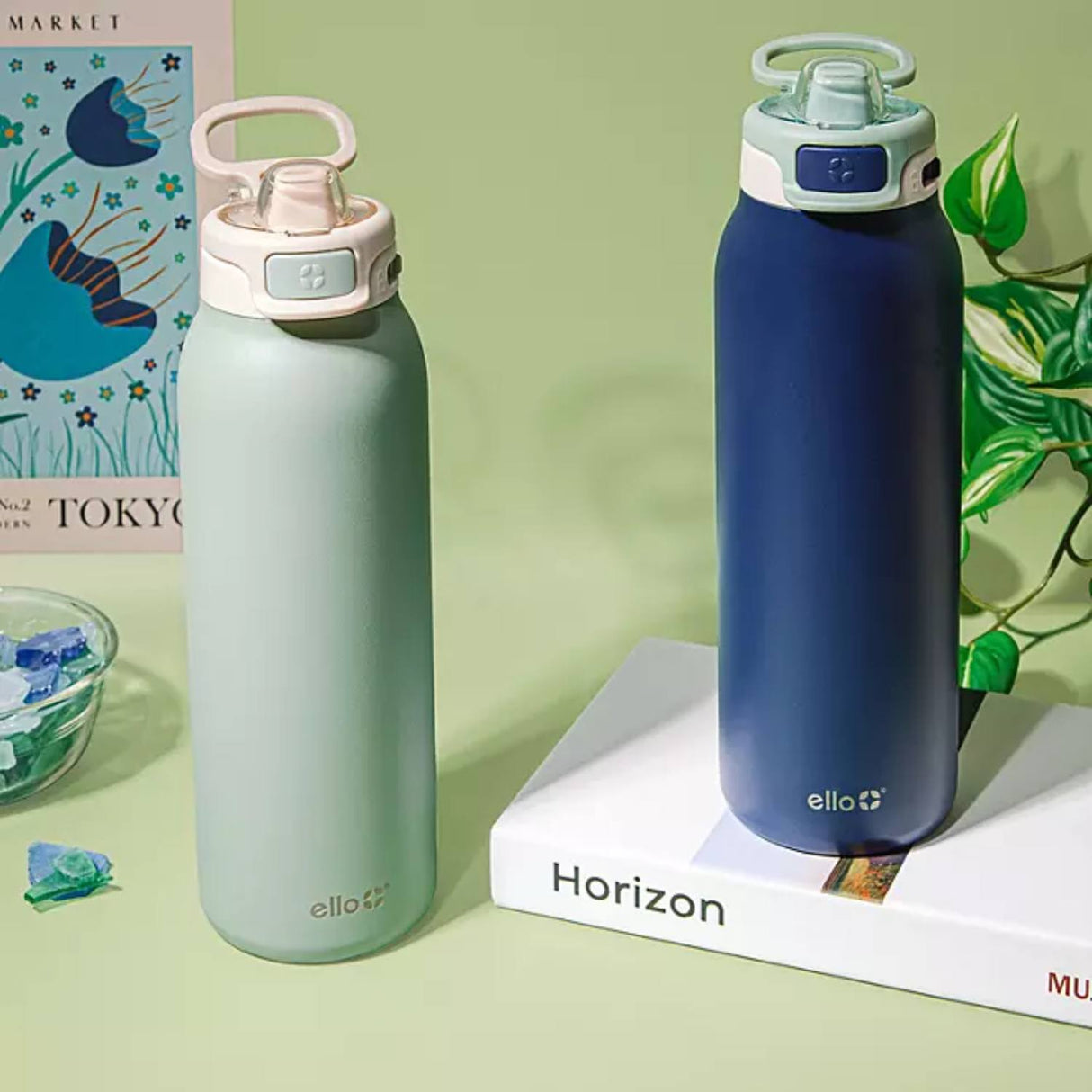 Ello Pop & Fill - Stainless Steel Water Bottle with QuickFill Technology - Eucalyptus / Sea Glass - 32 Oz - 2 Pack