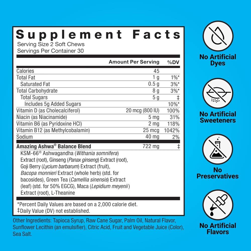 Force Factor - Amazing Ashwa, Triple Berry, Ashwaganda Supplement - 60 Soft Chews - 12 Pack