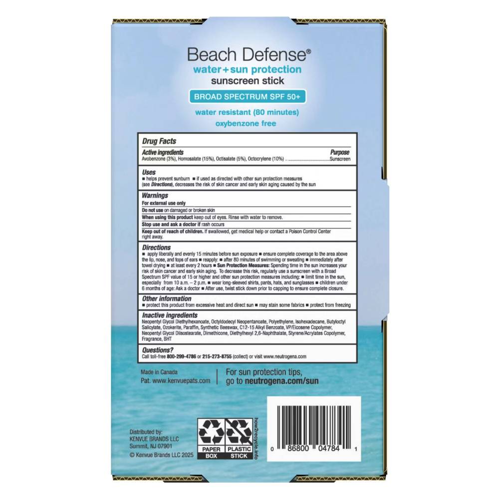 Neutrogena - Beach Defense Face/Body Sunscreen Stick, SPF +50- 1.5 Oz - 2 Pack