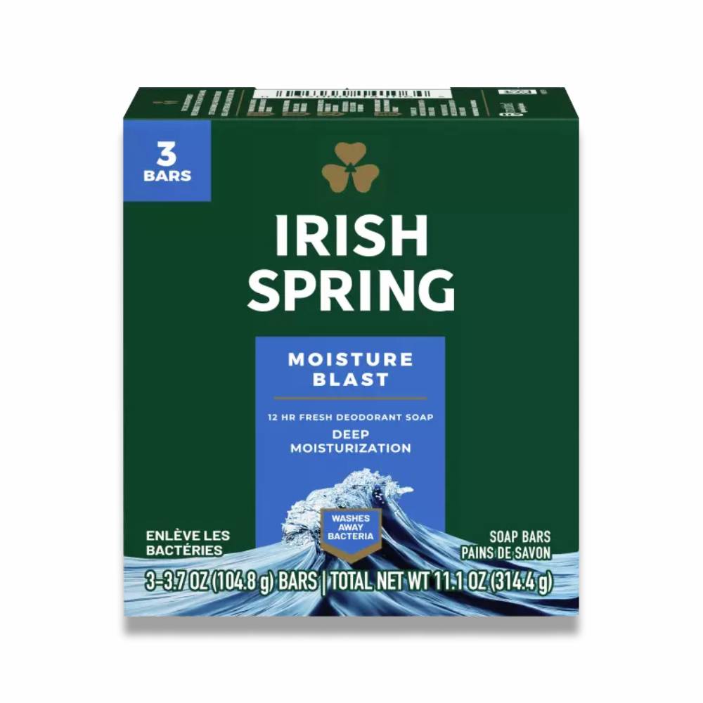 Irish Spring Deodorant Soap, Moisture Blast - 3 Bars / 3.7 Oz ea - 18 Pack