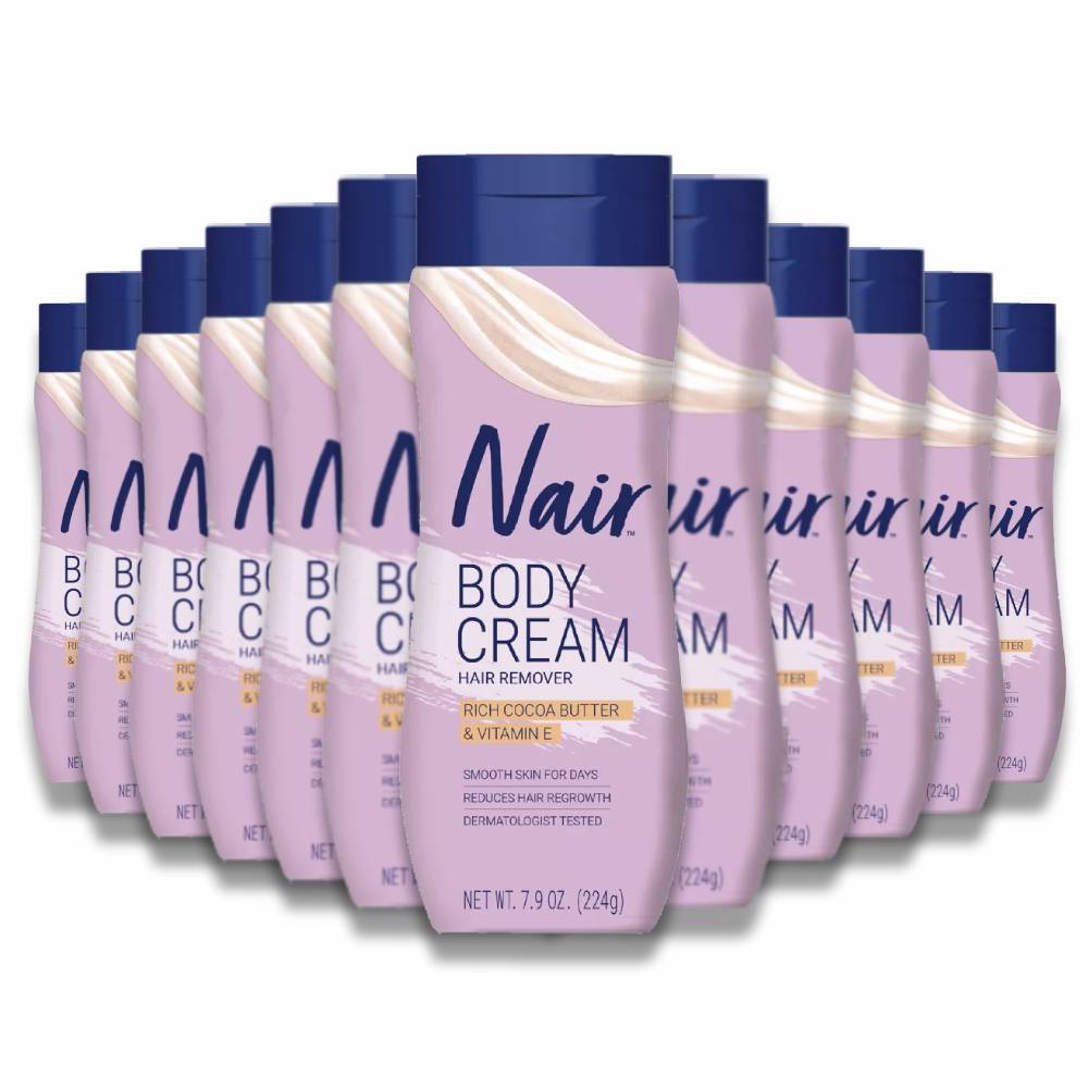 A pack of 12 tubes of Nair Body Cream hair removal cream with cocoa butter, each tube is 7.9 oz.