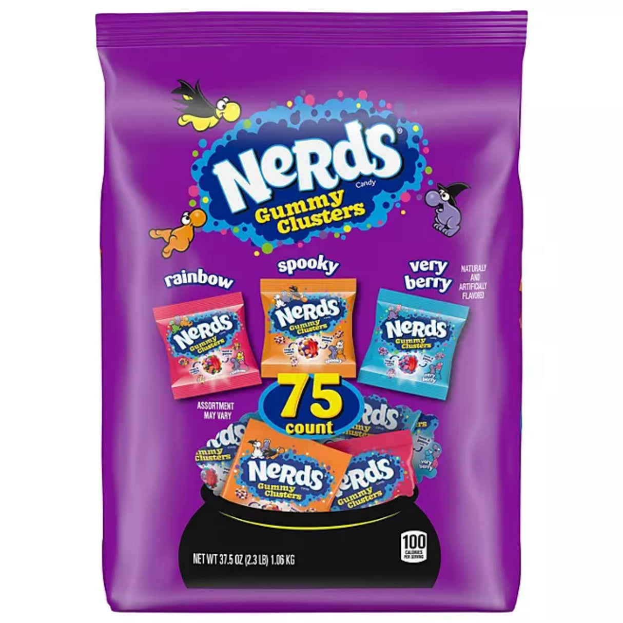 A package of Nerds Halloween Gummy Clusters featuring three flavors: rainbow, spooky, and very berry. The pack contains 75 individually wrapped gummy clusters.