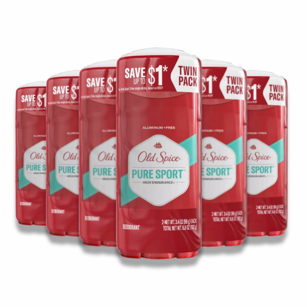 Old Spice - High Endurance Deodorant for Men, Aluminum Free, Pure Sport, Twin Pack - 3.4 Oz - 6 Pack