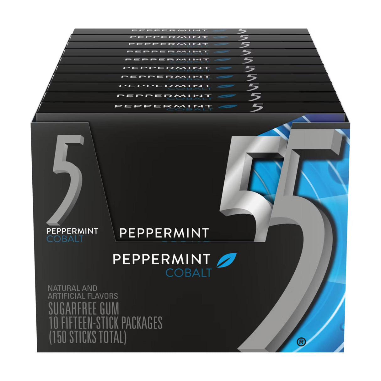 5 Gum Peppermint Cobalt Sugar Free Chewing Gum, 15 Sticks Per Pack, 10 Pack