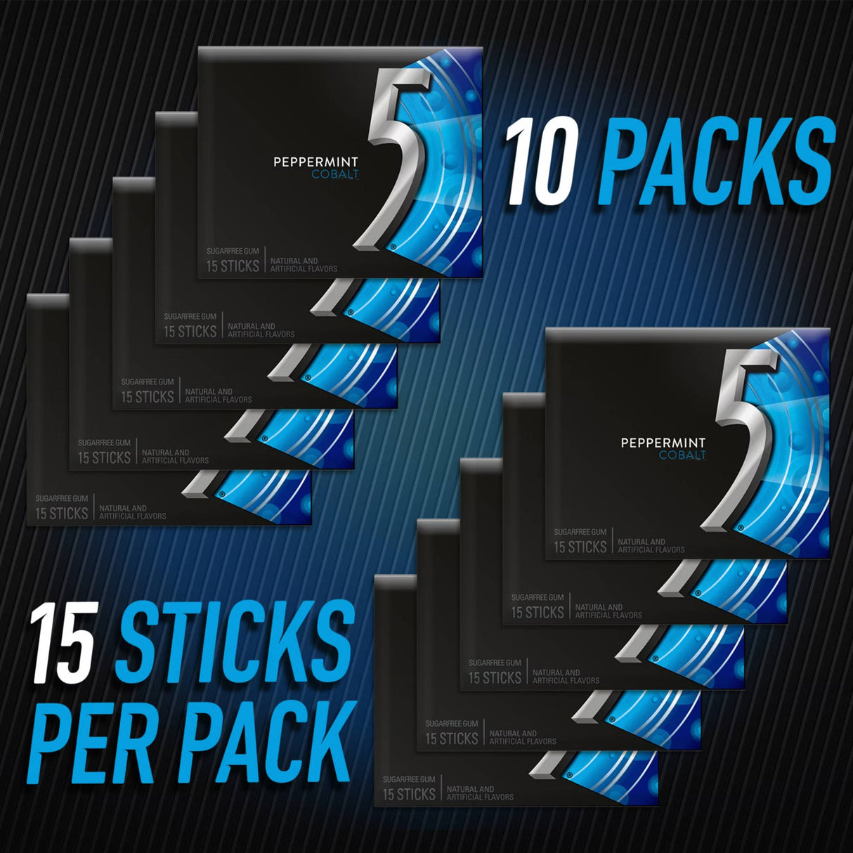 5 Gum Peppermint Cobalt Sugar Free Chewing Gum, 15 Sticks Per Pack, 10 Pack