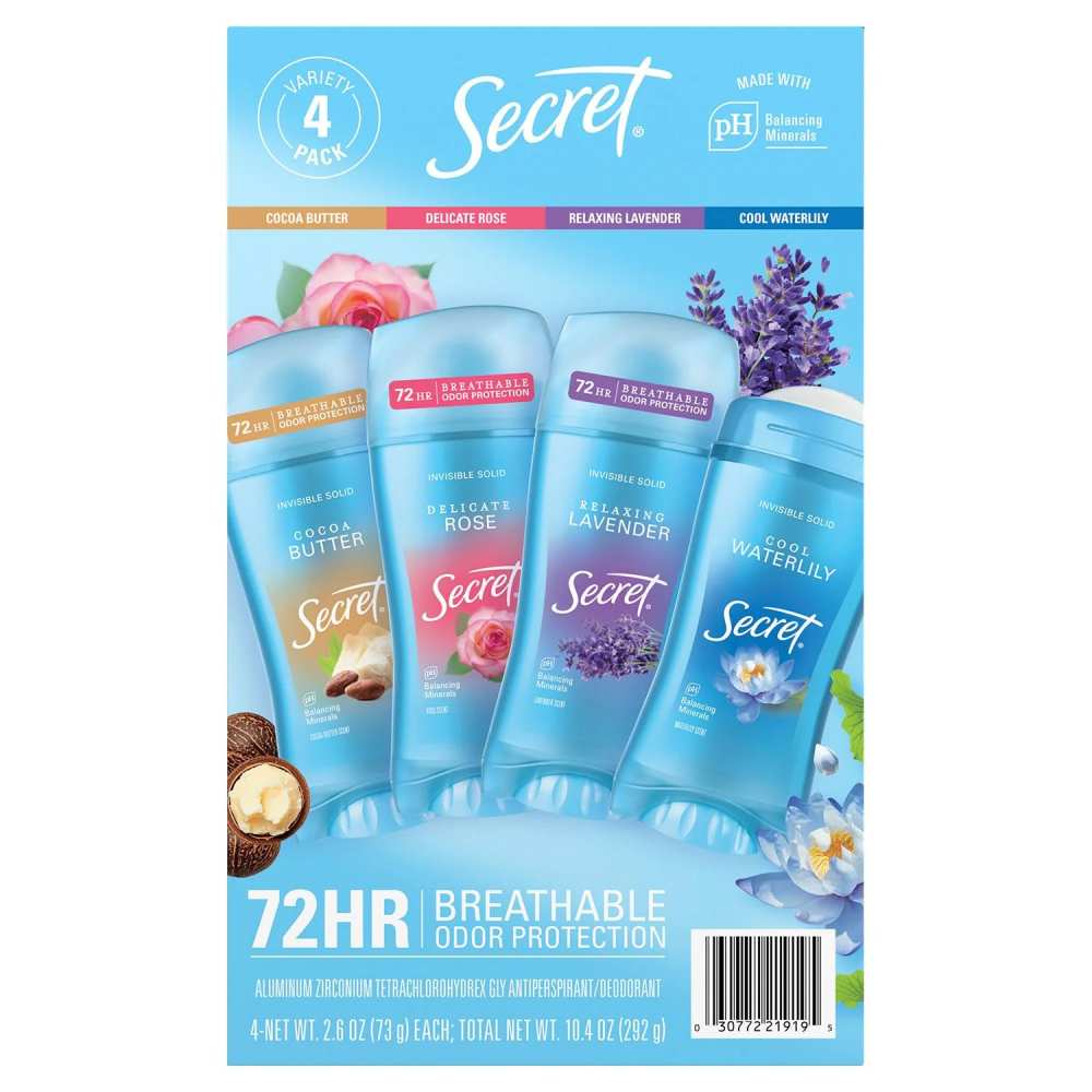 Secret Fresh Invisible Solid Antiperspirant Deodorant, Variety Pack - 2.6 Oz - 4 Pack