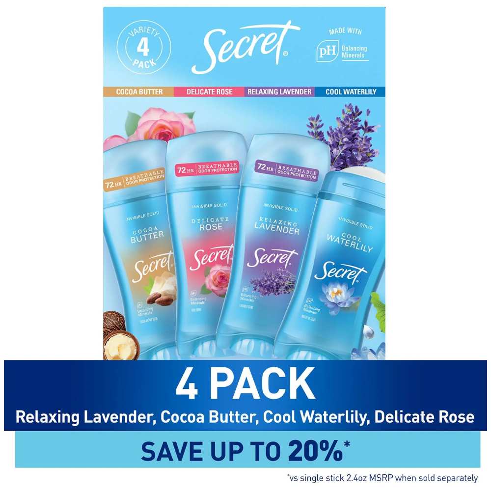 Secret Fresh Invisible Solid Antiperspirant Deodorant, Variety Pack - 2.6 Oz - 4 Pack