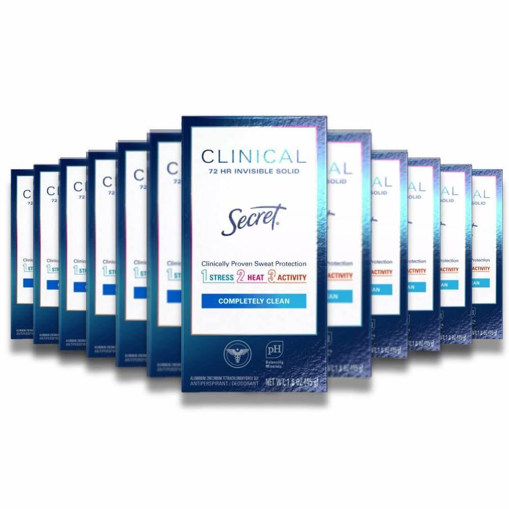 A pack of twelve Secret Clinical Strength Invisible Solid Completely Clean Antiperspirant & Deodorant bottles.