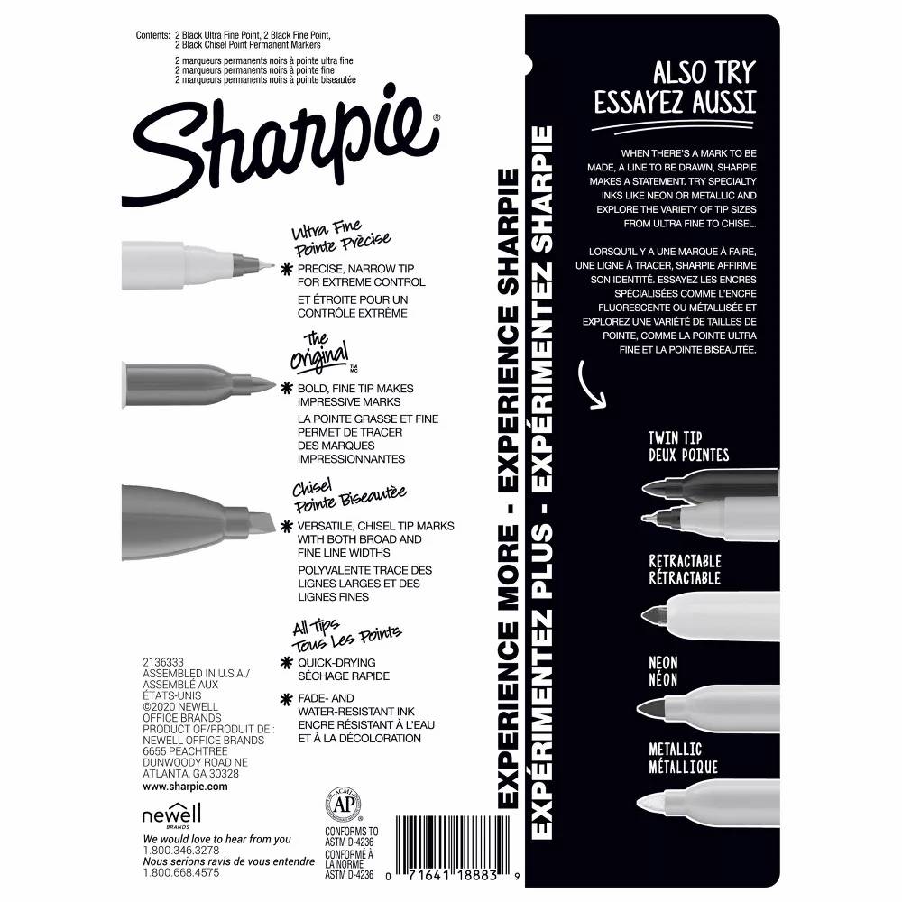 Sharpie - Permanent Markers Ultra Fine/Fine/Chisel Tip Black - 6 Count - 24 Pack