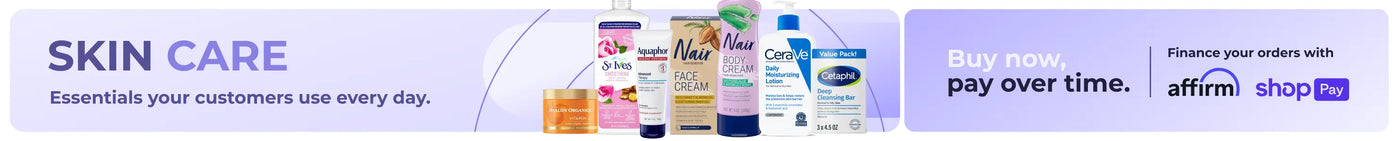 Promotional banner for skincare products with a variety of items displayed.