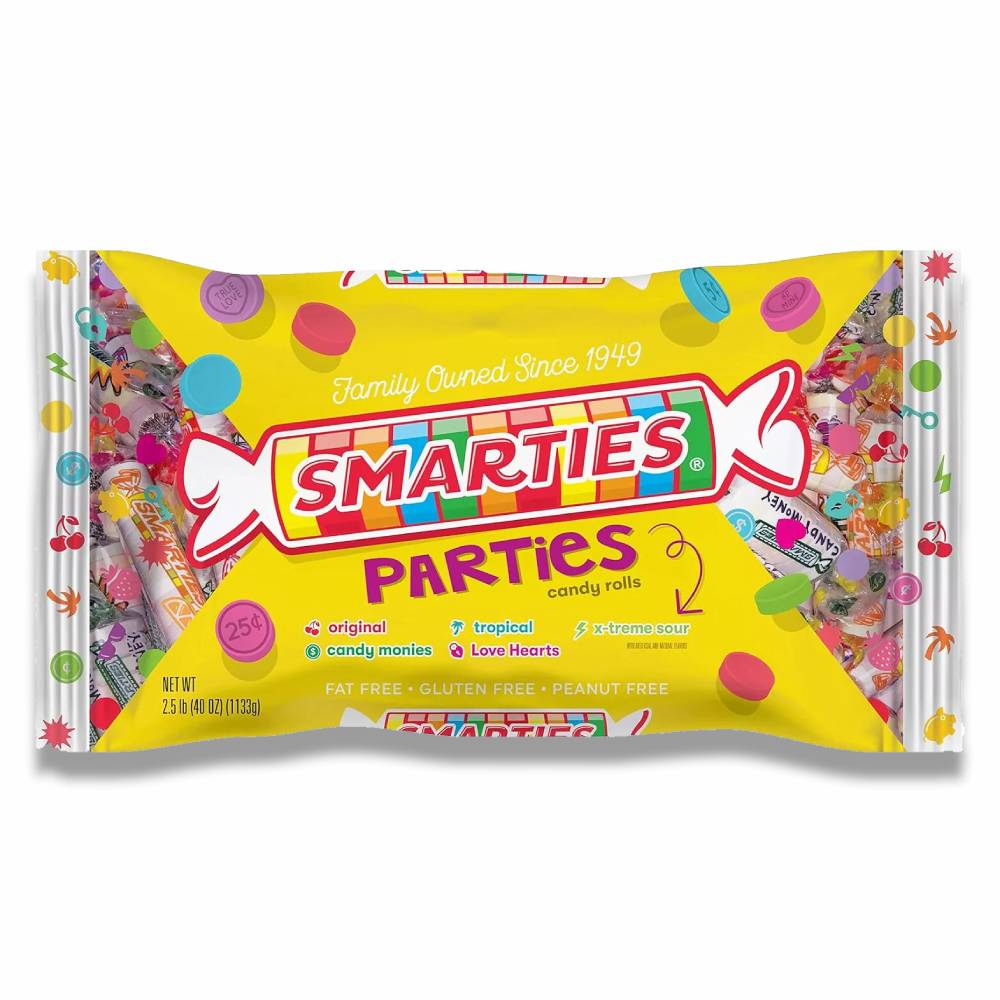 A bag of Smarties Parties candy with a yellow background, featuring the Smarties logo and colorful candy rolls displayed.