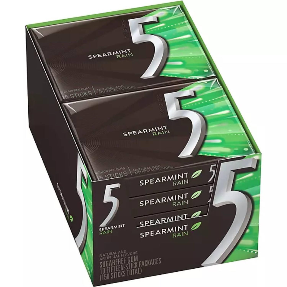 Wrigley's 5 Gum - Spearmint Rain Sugar Free Chewing Gum - 10 Fifteen Stick Packages