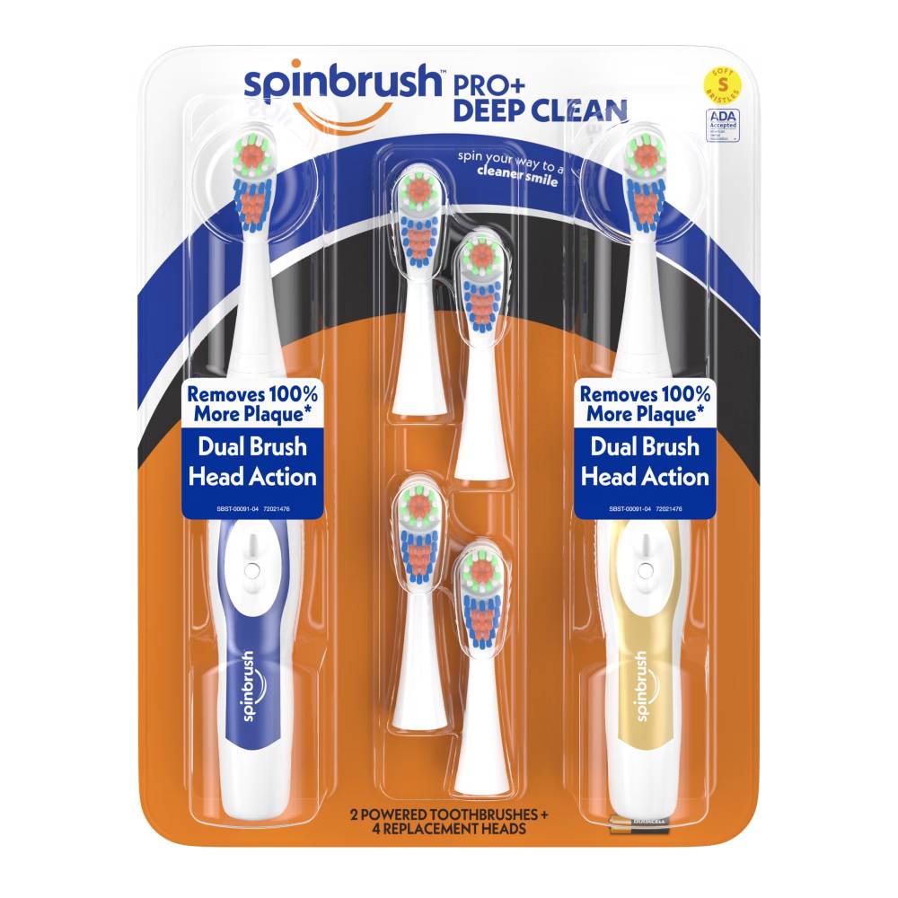 Spinbrush PRO + Deep Clean Soft Battery Powered Toothbrush, 2 Brushes and 4 Refill Heads