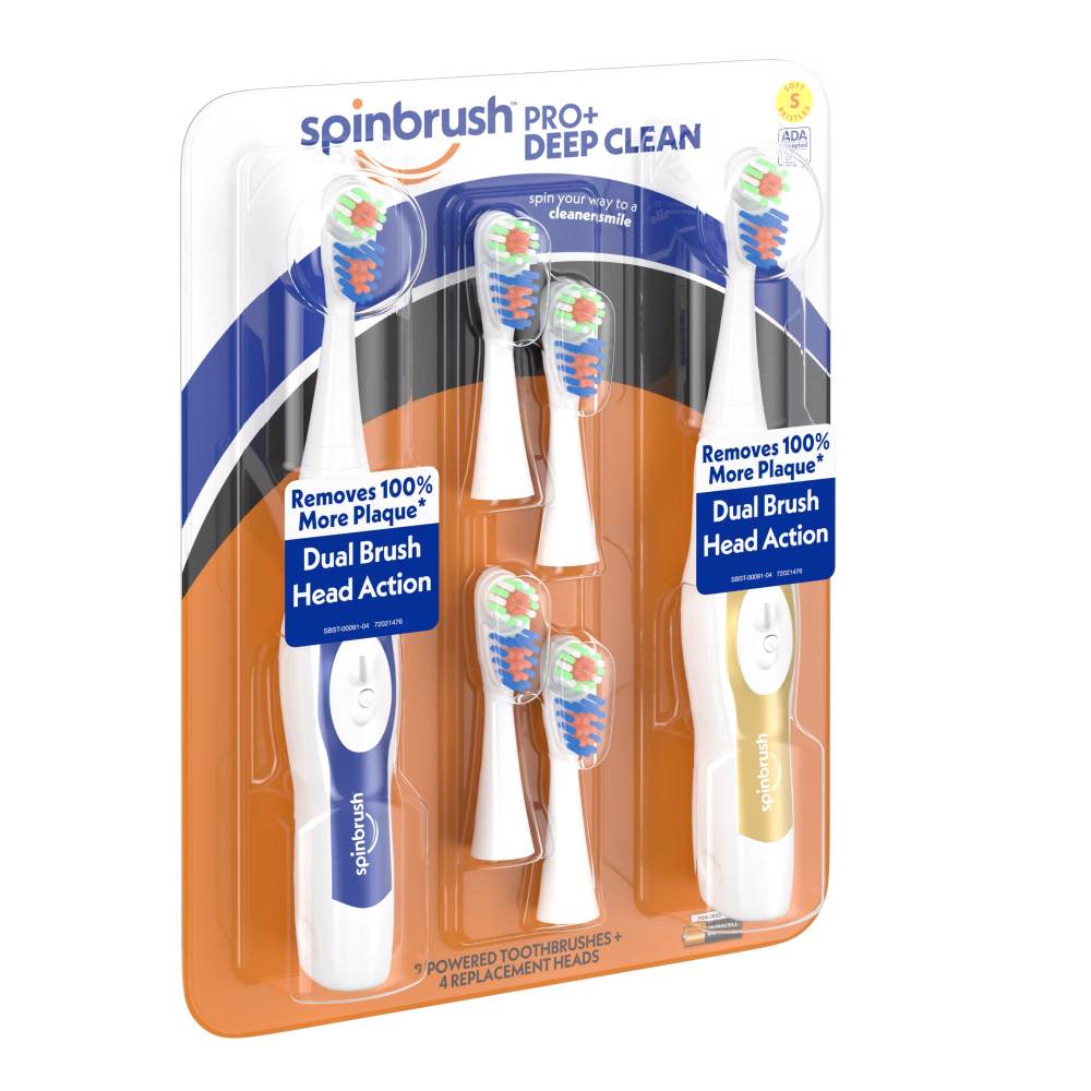 Spinbrush PRO + Deep Clean Soft Battery Powered Toothbrush, 2 Brushes and 4 Refill Heads