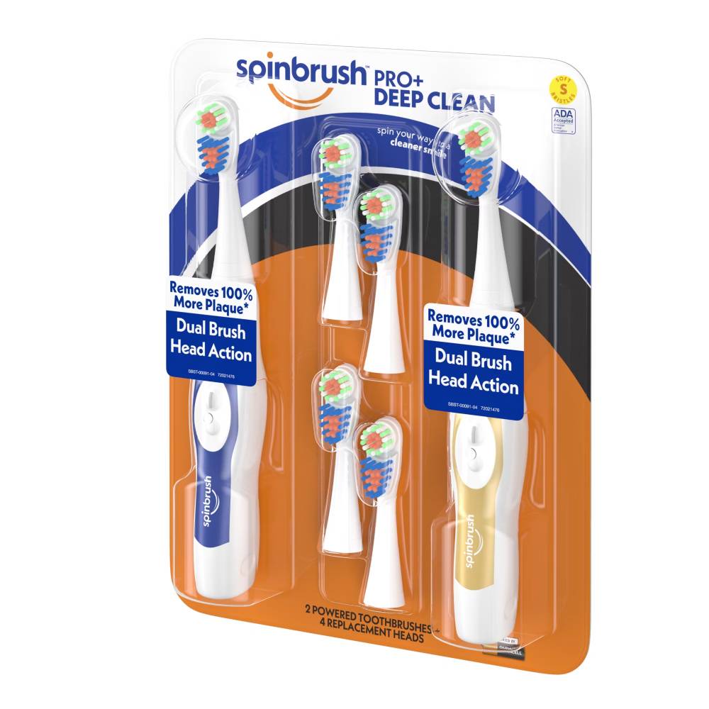 Spinbrush PRO + Deep Clean Soft Battery Powered Toothbrush, 2 Brushes and 4 Refill Heads