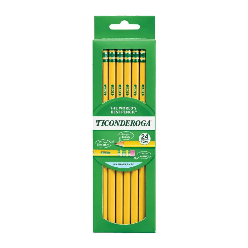 Pack of Ticonderoga pencils with green packaging on a white background