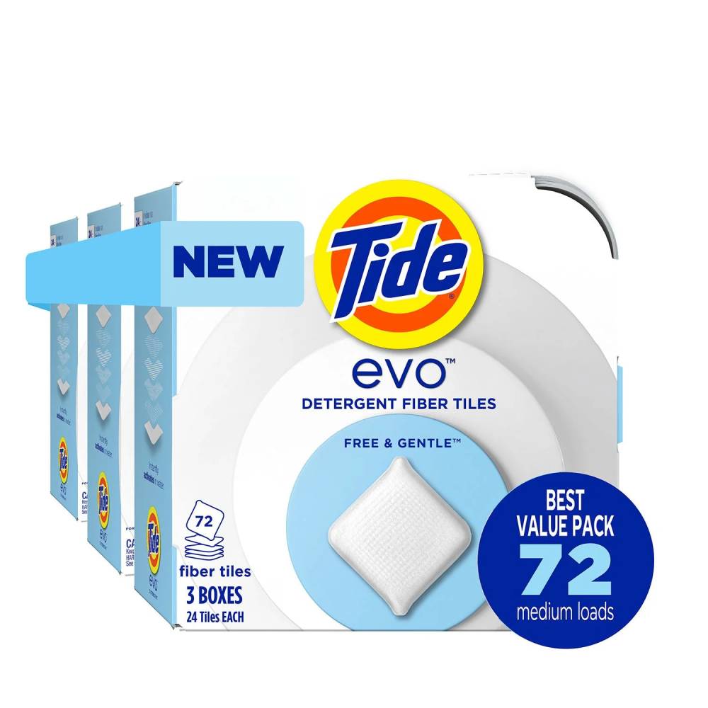 Tide Evo Laundry Detergent Fiber Tiles, Free & Gentle - 72 Count
